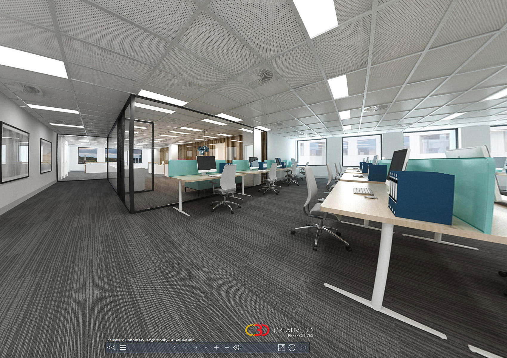 Inter-tenancy collaboration hub and breakout area shown, Creative 3D Perspective interior office screenshot from a virtual tour