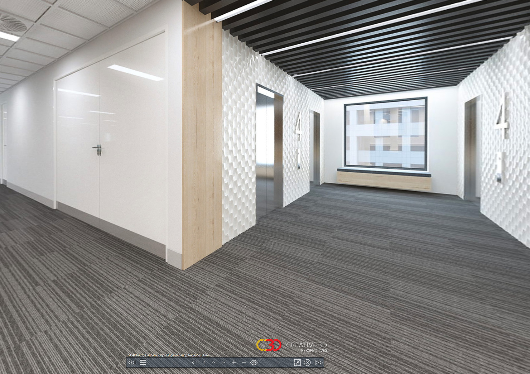 Lifts area of this modern office fitout design, cladding shown on walls, Creative 3D Perspective interior office screenshot from a virtual tour
