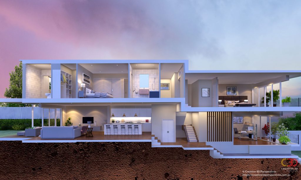 Creative 3D perspective Cutaway, detailed 2 level house cutaway 3d model