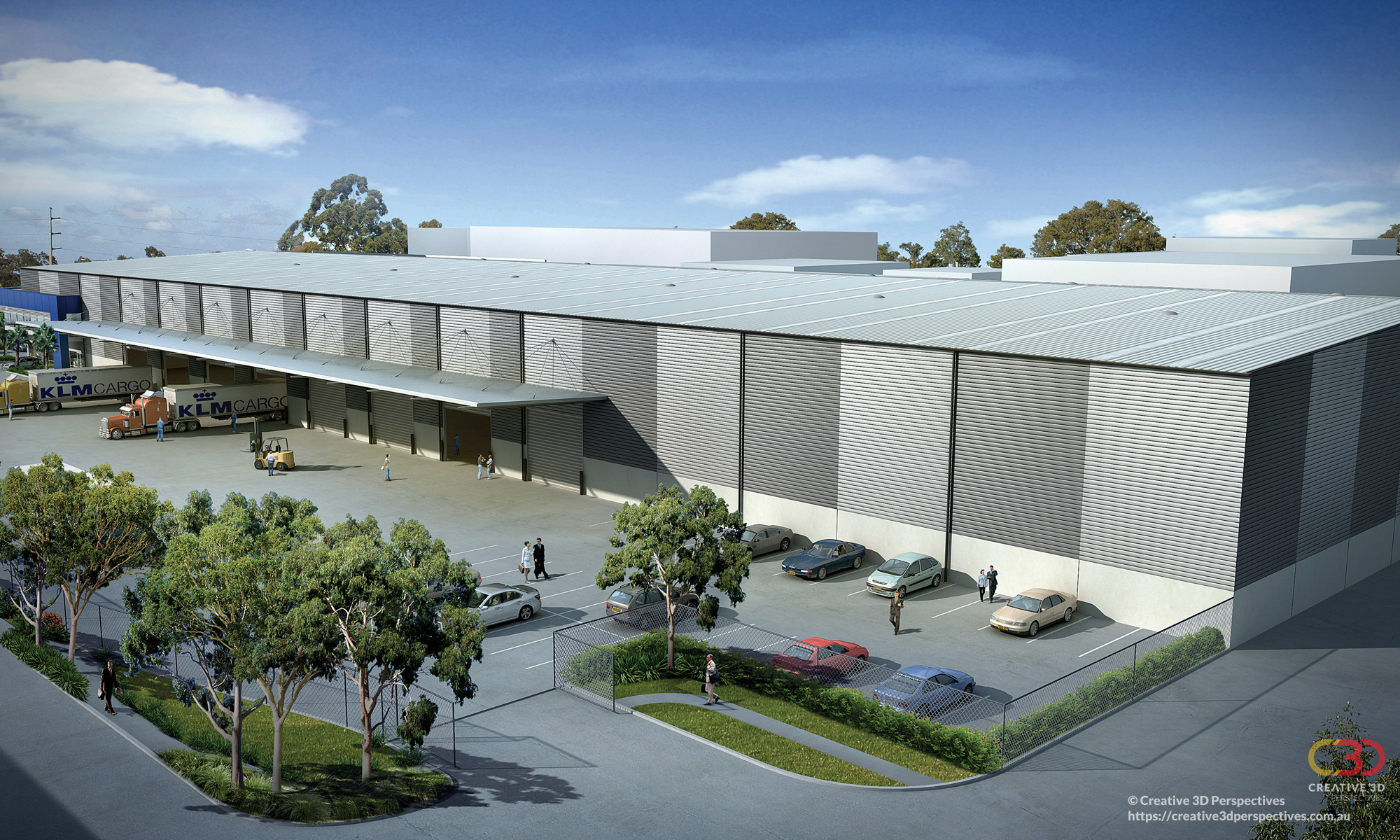 2 Glenndenning NSW Warehouse, exterior loading area, oblique aerial view of façade with office mezzanine, Creative 3D Perspective
