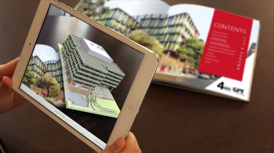 AR brochure 3D montage showing the plans evolving into a 3D building in the app