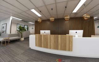 Modern classic reception desk in white & timber: Creative 3D Perspectives interior office virtual tour