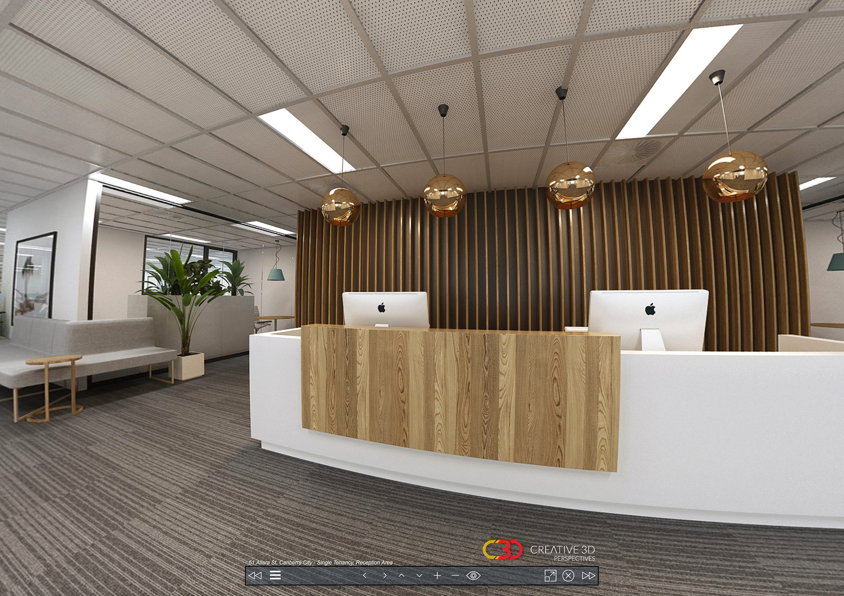 Modern classic reception desk in white & timber: Creative 3D Perspectives interior office virtual tour